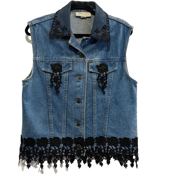 Vtg Magnet Art Denim Lace Trim Vest Lynn Yake Made USA L - Picture 2 of 14